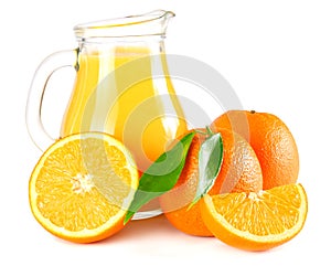 orange juice with orange and green leaf isolated on white background. juice in jug