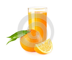 orange juice with orange slices and green leaf isolated on white background. juice in glass