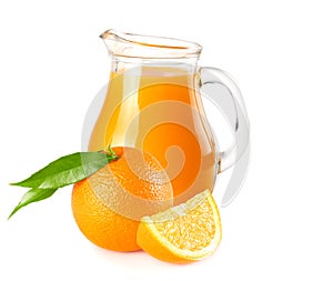 orange juice with orange slices and green leaf isolated on white background. juice in jug