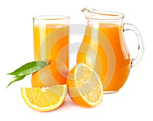 orange juice with orange slices and green leaf isolated on white background. juice in jug