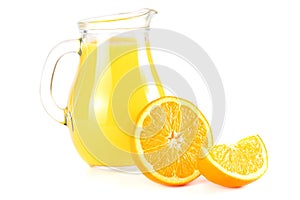 Orange juice with orange slices isolated on white background. juice in jug