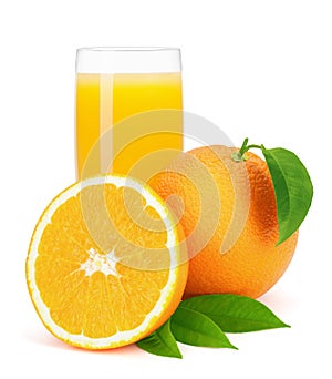 Orange juice and oranges with leaves.