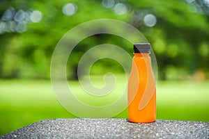 Orange juice in plastic bottle on green natural background