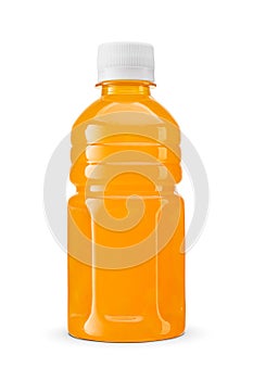 Orange juice with pulp in a plastic bottle isolated on a white