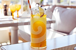 Orange juice on restaurant background