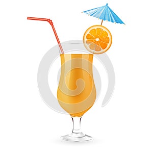 Orange juice with slice of orange, party umbrella and rad straw