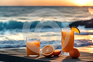 Orange juice and sliced oranges served on a wooden table with a view of the beach in the sun