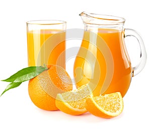 orange juice with orange slices and green leaf isolated on white background. juice in jug