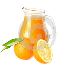 orange juice with orange slices and green leaf isolated on white background. juice in jug