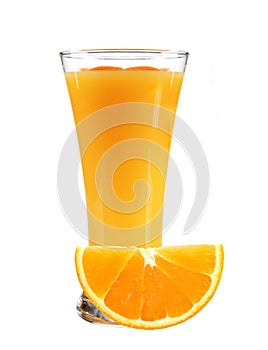 Orange juice with slices of orange in the glass isolated