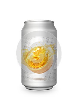 Orange juice soft drink in aluminum can on white background For design