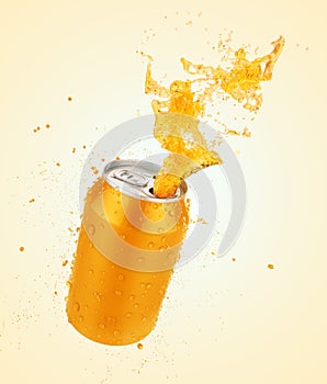 Orange juice splash can,fresh juice or soda splash with fresh wa