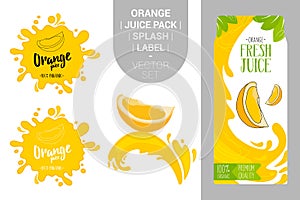 Orange on juice splash. Fresh citrus juice pack with Organic labels tags and green leaves.