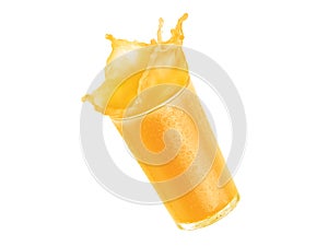 Orange juice splash, glass, isolated on white background
