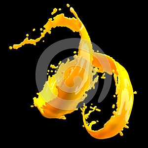 orange juice splash isolated on black background