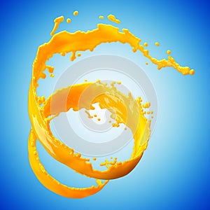 orange juice splash isolated on blue background