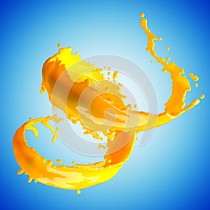 orange juice splash isolated on blue background