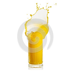 orange juice splash isolated on white. glass of splashing orange juice. close up. stock photo