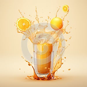 Vibrant Orange Juice Splash On Beige Background - 3d Render photo