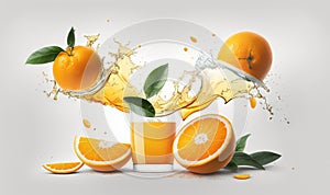 an orange juice splashing into a glass of oranges