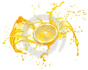 Orange juice splashing with its fruits isolated on white