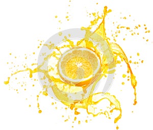 Orange juice splashing with its fruits isolated on white