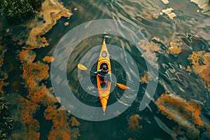 Orange kayak seen from above on river water, fish swim underneath