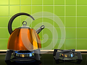 Orange kettle on the gas-stove