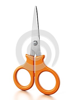 Orange kids` scissors isolated on white background. 3D illustration