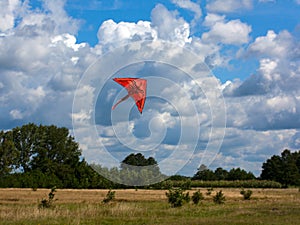 Orange kite on the cloudy sky and field background