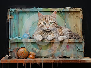 An orange kitten with green eyes lies in an old painted metal box.