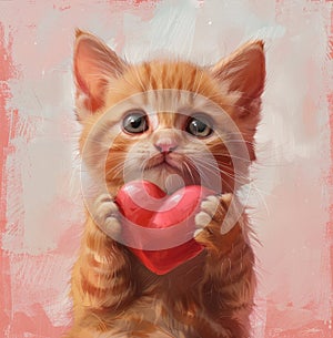 An orange kitten with a heart, tenderly holding another heart, a pure and adorable moment, Ai Generated
