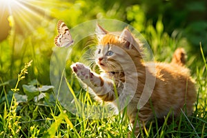 An orange kitten mesmerized by a butterfly in a sunny meadow