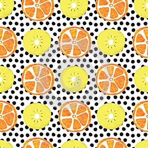 Orange and kiwi slices seamless vector pattern. Abstract summer fruit background with black polka dots on white.