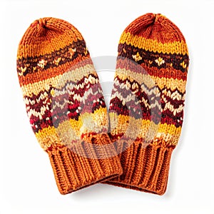 Orange Knitted Mittens with Brown and Red Pattern