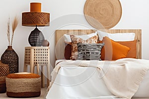 orange lamp apartment home modern fall bed interior design decor pillow. Generative AI.