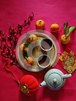 Orange, lampion, tea set and card inChinesse new year