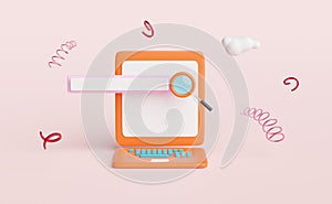 Orange laptop computer monitor with blank search bar,magnifying glass,cloud isolated on pink background. minimal web search engine