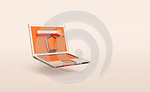 Orange laptop computer with shield,blank search bar,magnifying isolated on pink background.Internet security or privacy protection