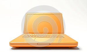Orange laptop computer on white background open with keyboard and screen in a studio setting