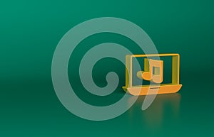 Orange Laptop with music note symbol on screen icon isolated on green background. Minimalism concept. 3D render