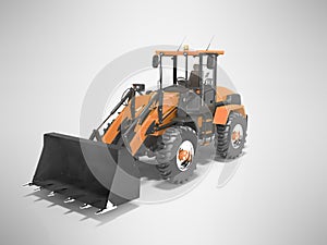 Orange large road frontal loader for road works 3D rendering on gray background with shadow