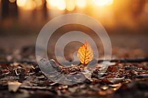 an orange leaf sits on the ground in front of the sun