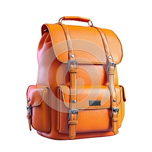 Orange leather backpack with buckle straps on a white background accessory