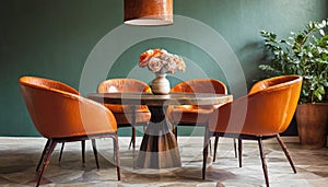 Orange leather chairs at round dining table against green wall. Scandinavian, mid-century home interior design of modern living