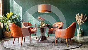 Orange leather chairs at round dining table against green wall. Scandinavian, mid-century home interior design of modern living