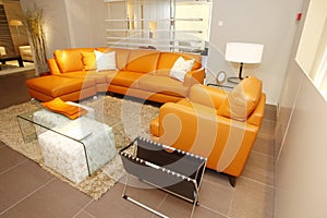 Orange leather couch and armchair set in furniture