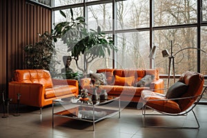 Orange leather sofa near beige chairs against big window. Mid-century style home interior design of modern living room