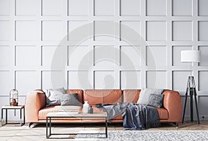 Orange leather sofa in Scandinavian living room with gray wooden wall paneling, home decor