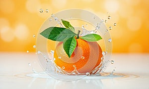 orange with leaves and splashes of water on a bokeh orange background